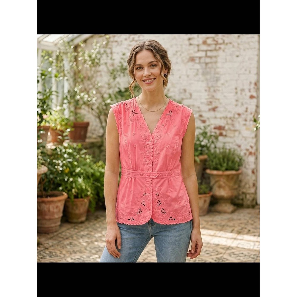 J. Peterman Size 4 Coral Pink Embroidered Eyelet Tunic Top Belted Cottagecore